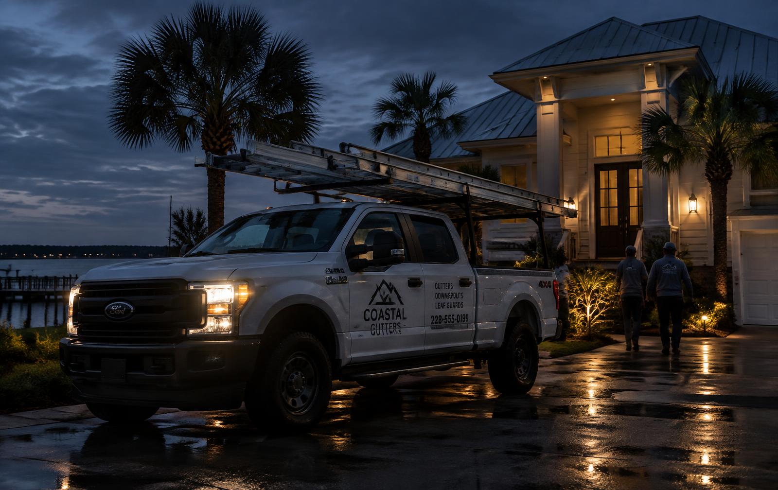 Gutter Gurus truck with ladders at a job site